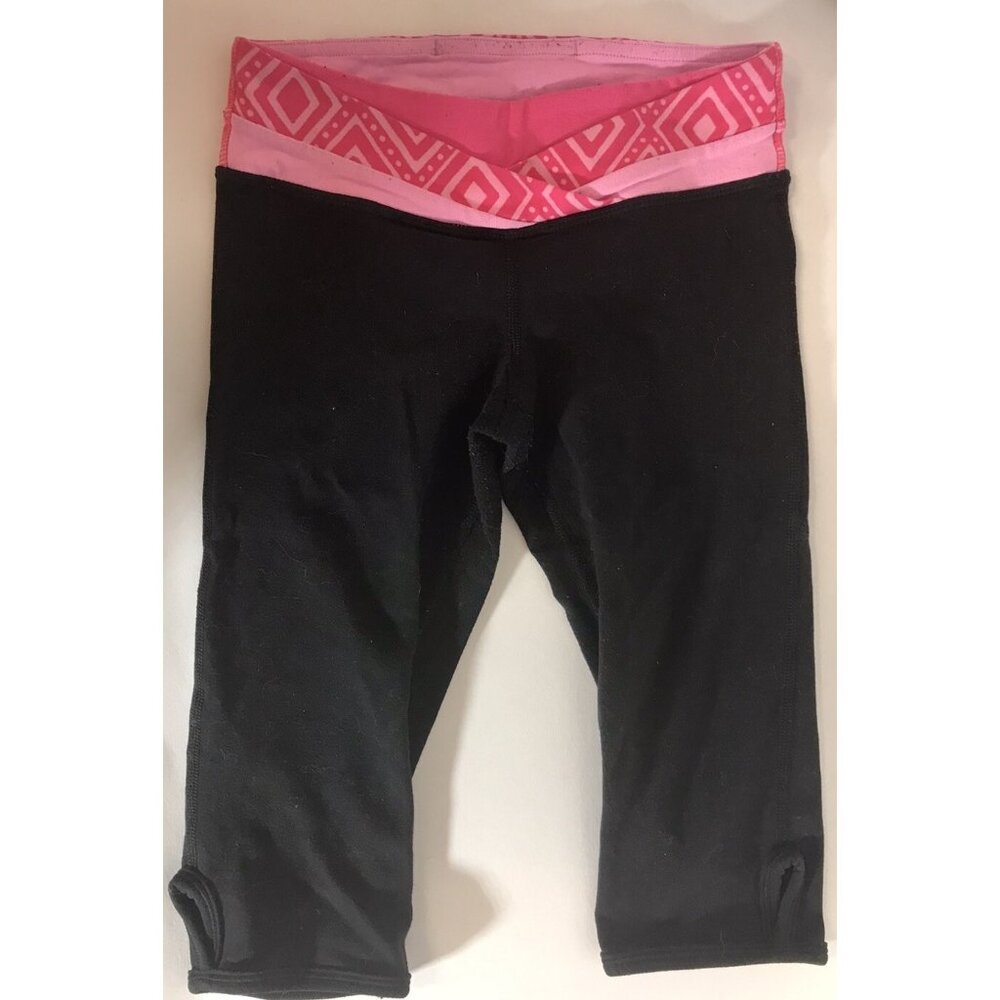 Ivivva by Lululemon Girls Crop Leggings Size 6 Black with pink waist band 17"L